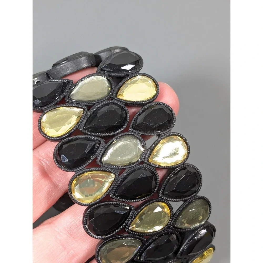 Black Yellow Teardrop Rhinestone Wide‎ Stretch Statement Bracelet